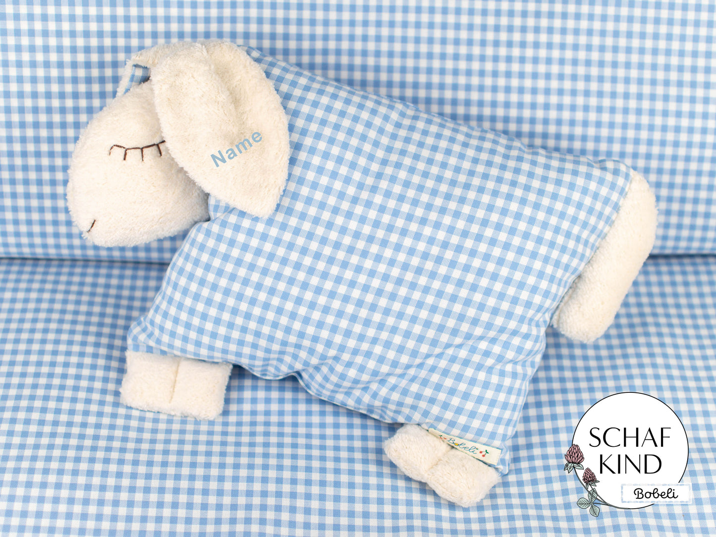 Schlafschaf 42 Hellblaues Maxi-Karo - Bobeli Kuschelkissen