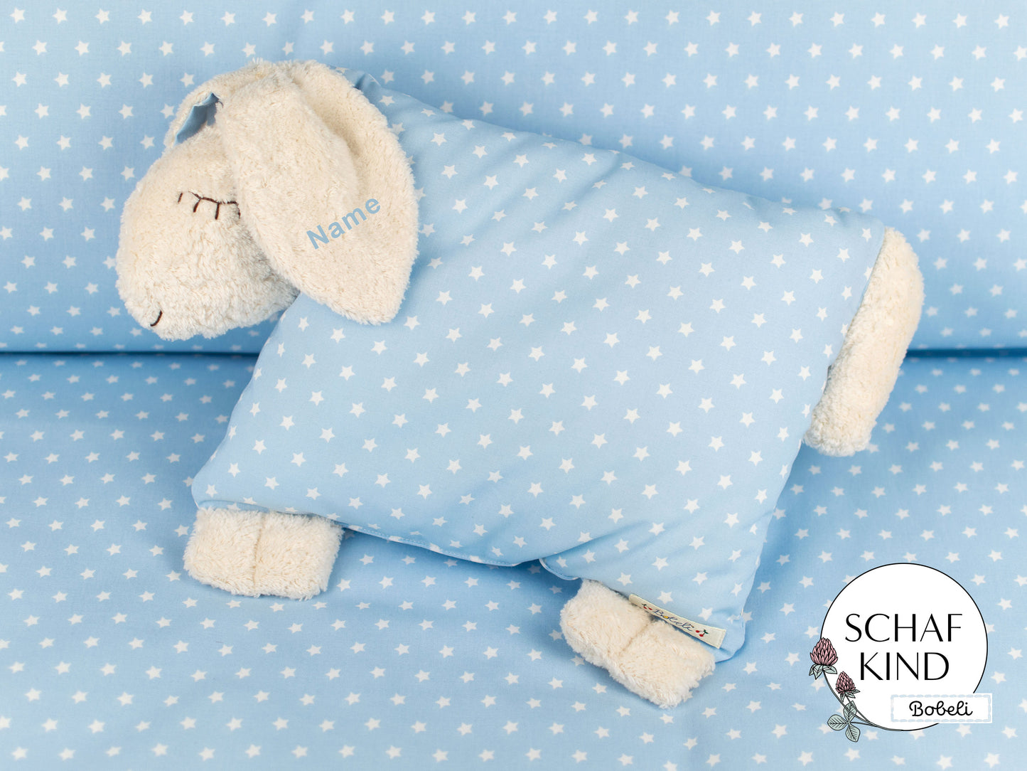 Schlafschaf 45 Hellblau mit Sternchen - Bobeli Kuschelkissen