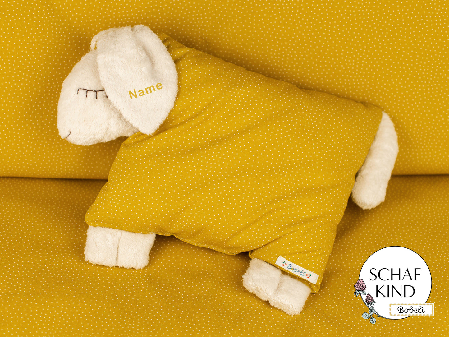 Schlafschaf 75 Senfgelb mit Pünktchen - Bobeli Kuschelkissen