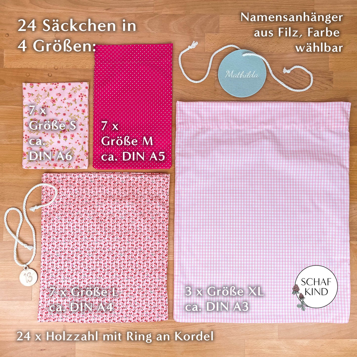 Adventskalender aus Baumwollstoff zum Befüllen - Rosa Var. 2