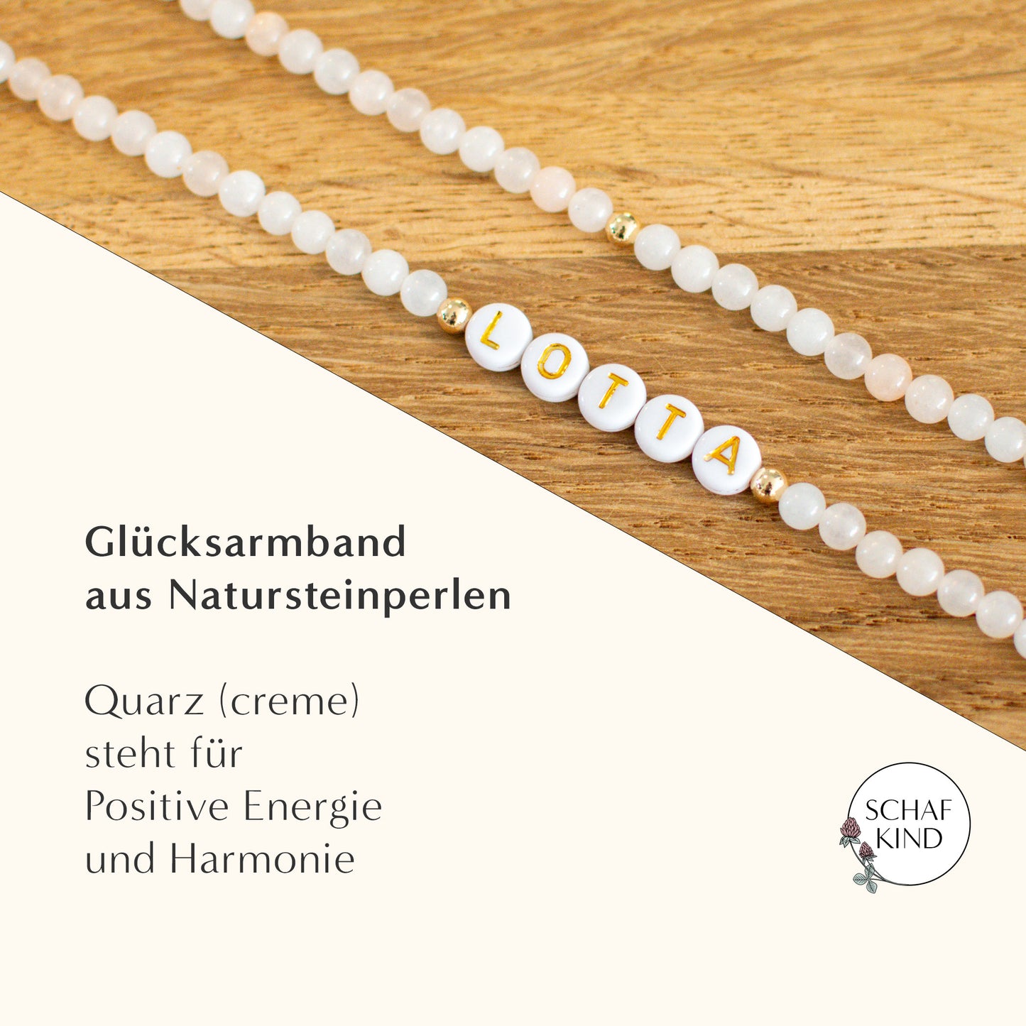 Glücksarmband aus Quarz-Perlen (Creme) - Naturstein, personalisierbar