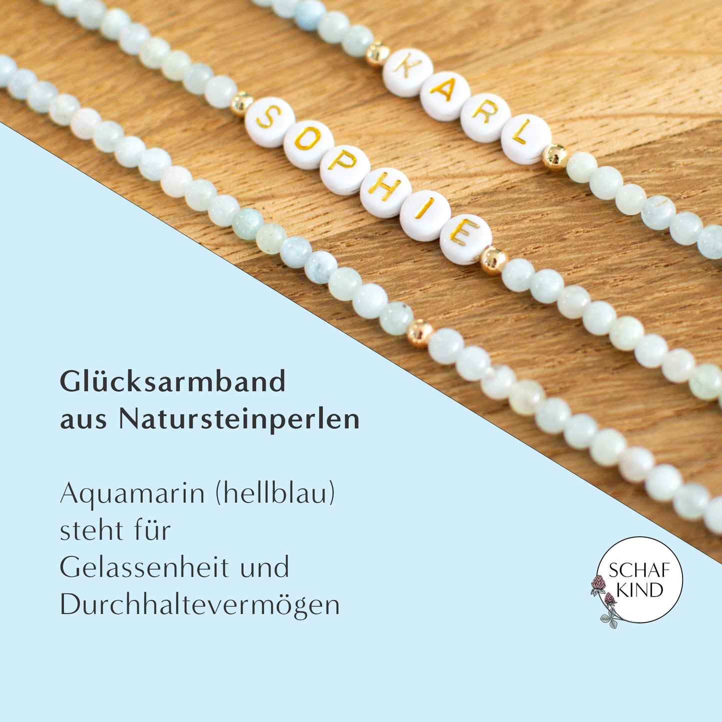 Glücksarmband aus Aquamarin-Perlen (Hellblau) - Naturstein, personalisierbar
