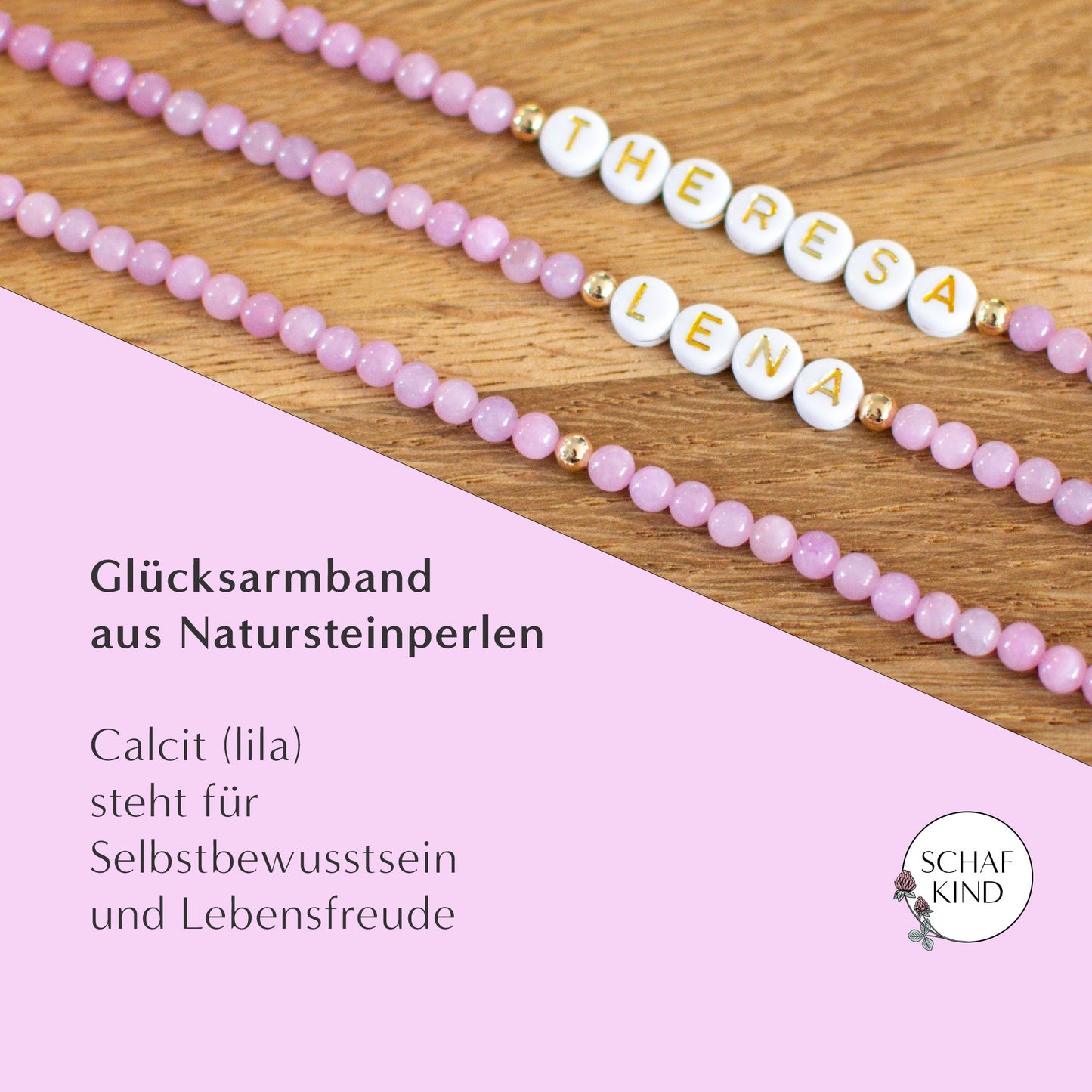 Glücksarmband aus Calcit-Perlen (Lila) - Naturstein, personalisierbar
