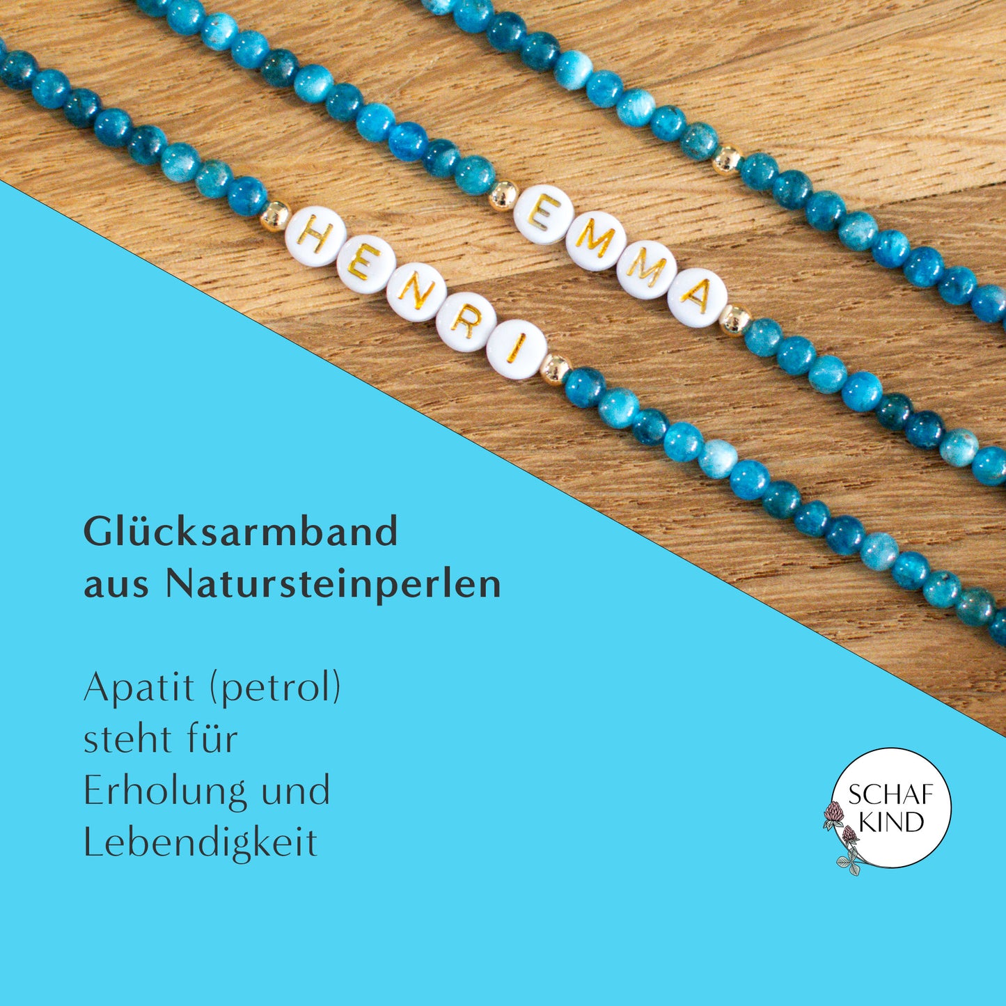 Glücksarmband aus Apatit-Perlen (Petrol) - Naturstein, personalisierbar