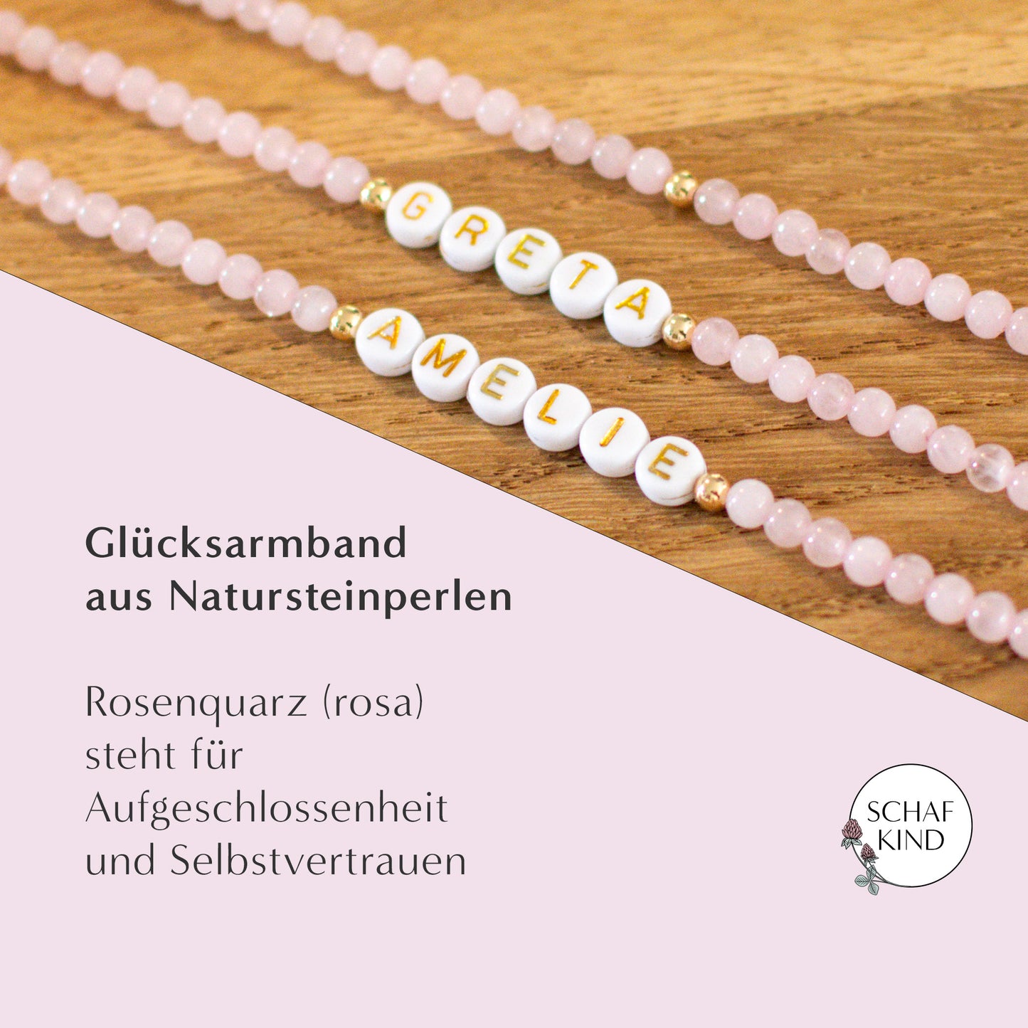 Glücksarmband aus Rosenquarz-Perlen (Rosa) - Naturstein, personalisierbar