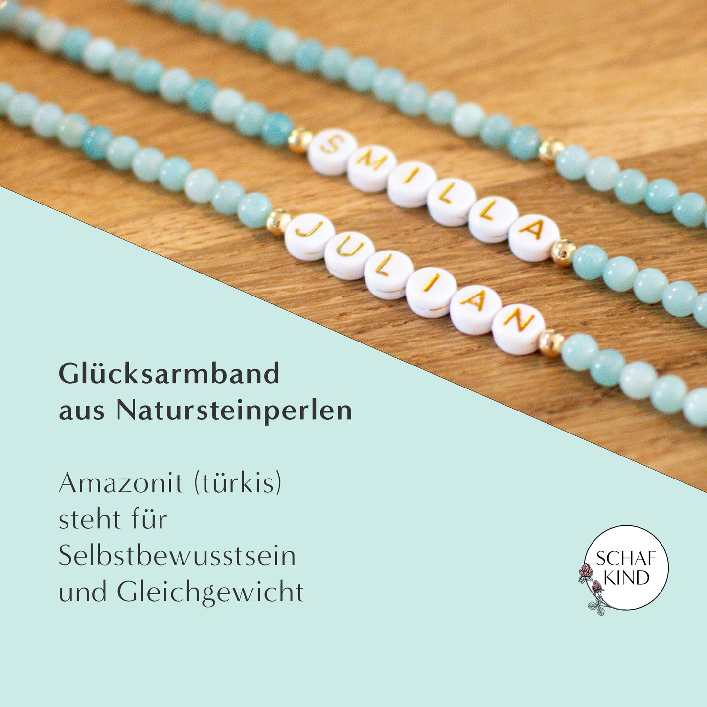 Glücksarmband aus Amazonit-Perlen (türkis) - Naturstein, personalisierbar