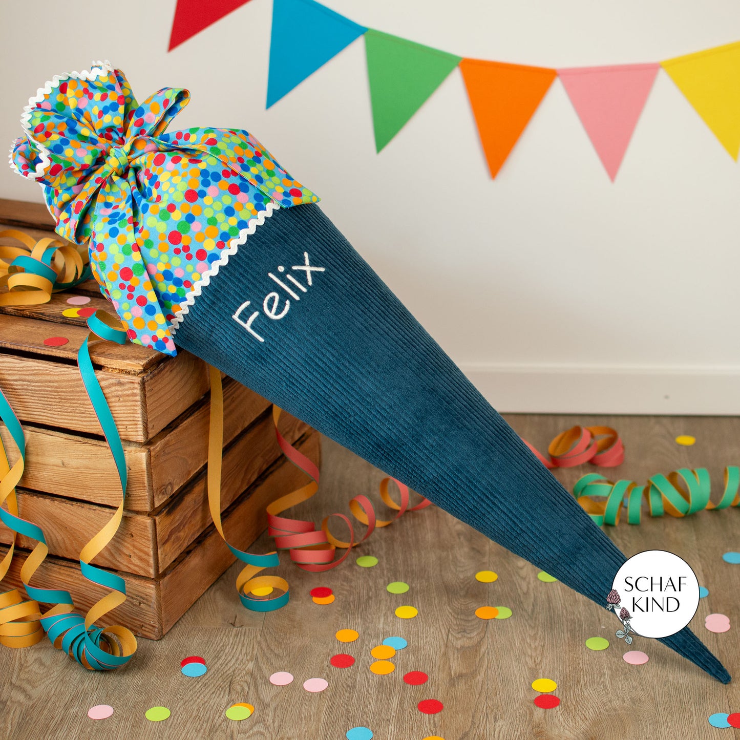 Schultüte aus Cordstoff - Blau mit Bunt - 70 cm