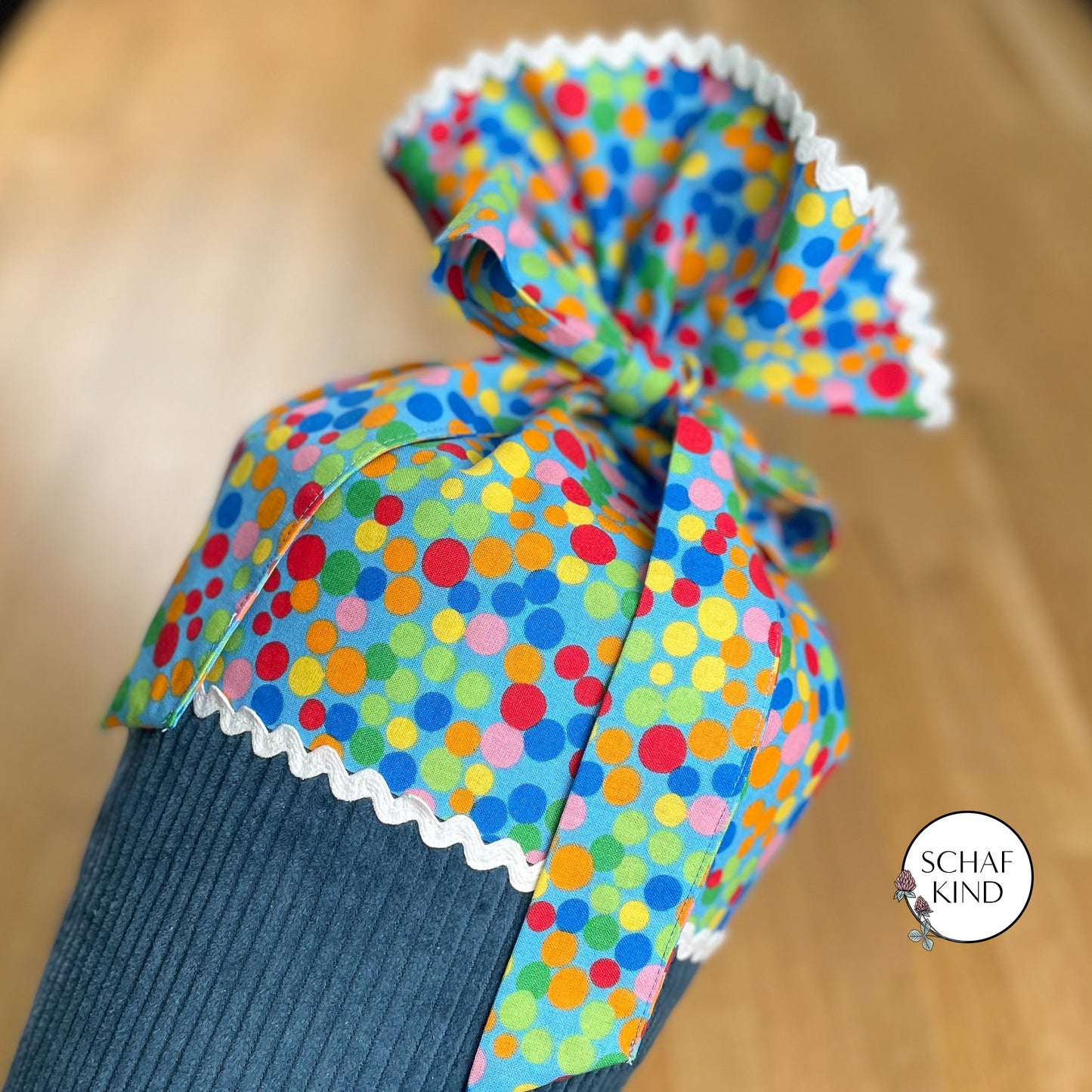 Schultüte aus Cordstoff - Blau mit Bunt - 70 cm