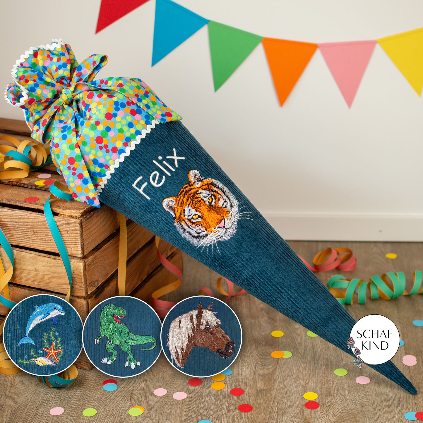 Schultüte aus Cordstoff - Blau mit Bunt - 70 cm