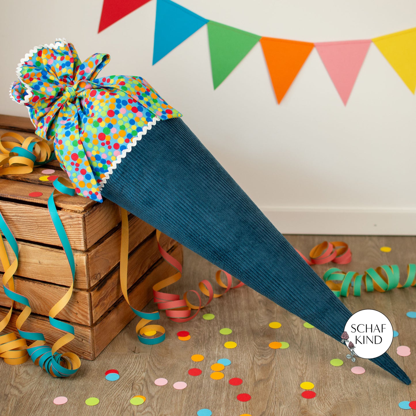 Schultüte aus Cordstoff - Blau mit Bunt - 70 cm