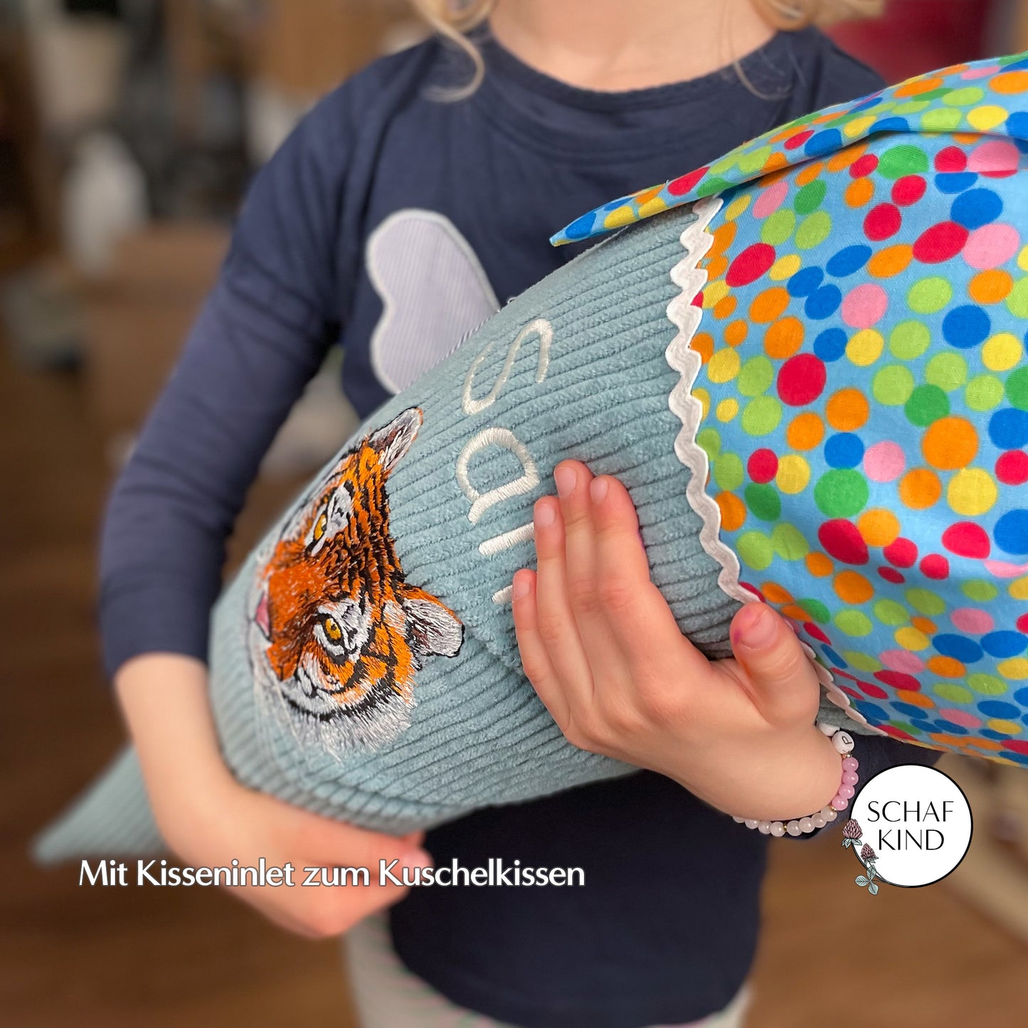 Schultüte aus Cordstoff - Türkis mit Bunt - 70 cm