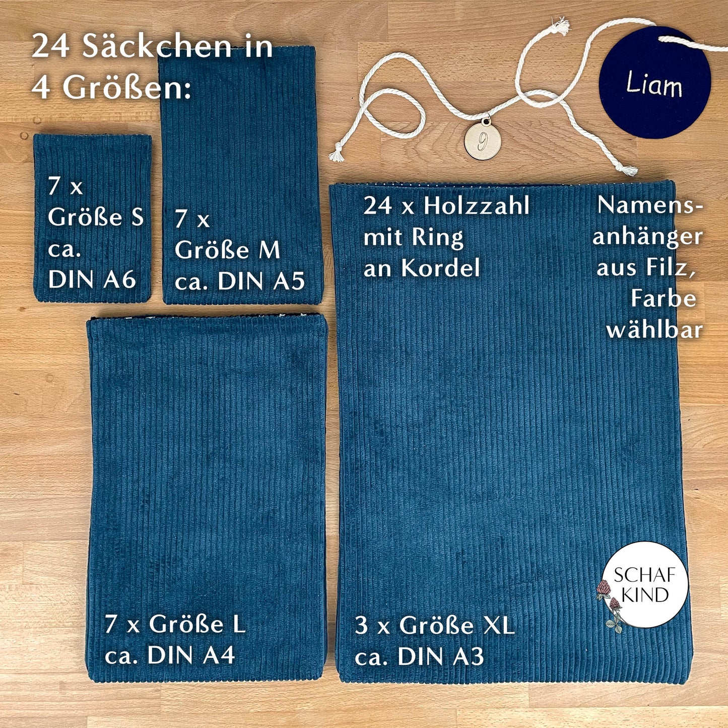 Luxus Adventskalender aus Cordstoff zum Befüllen, gefüttert - Blau