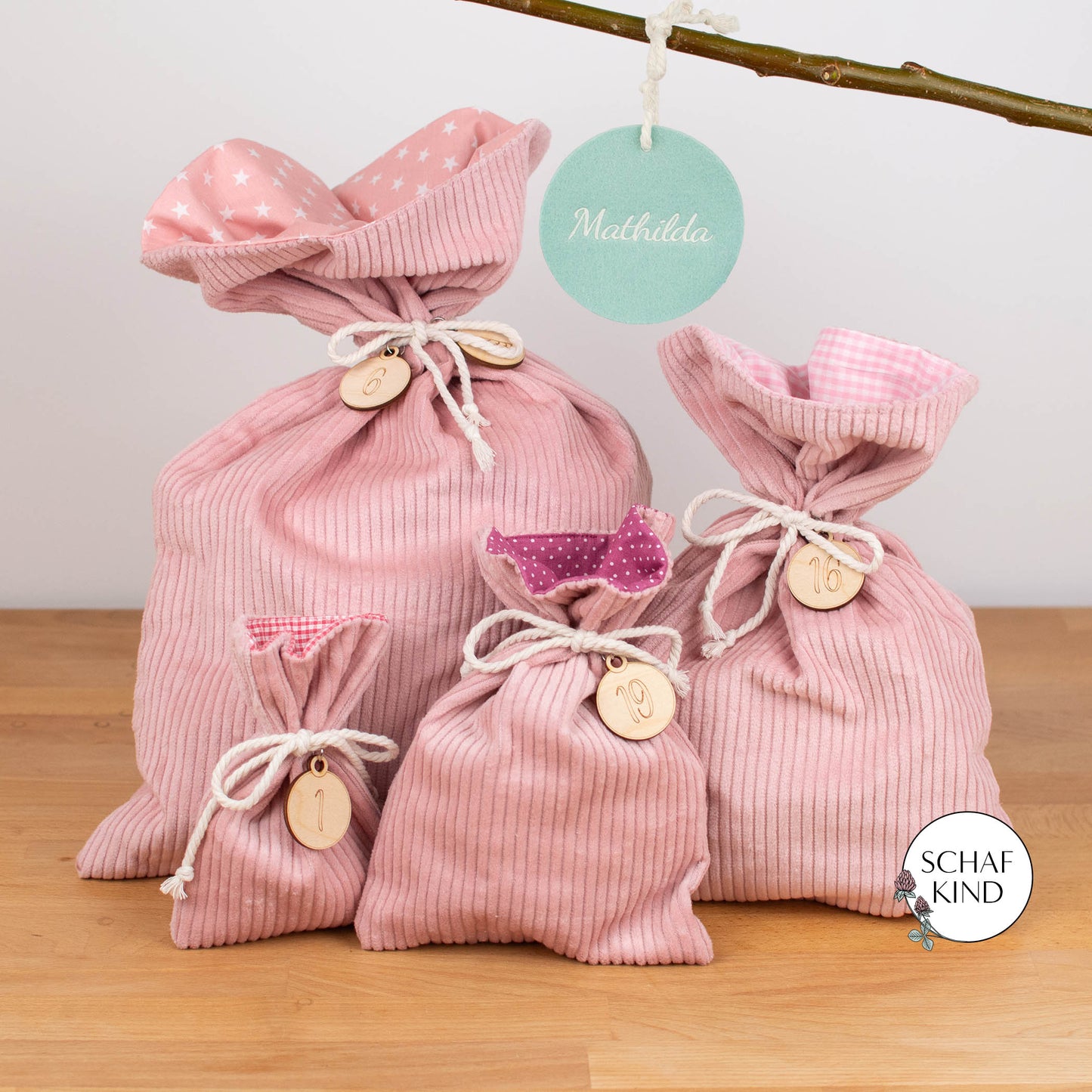 Luxus Adventskalender aus Cordstoff zum Befüllen, gefüttert - Rosa