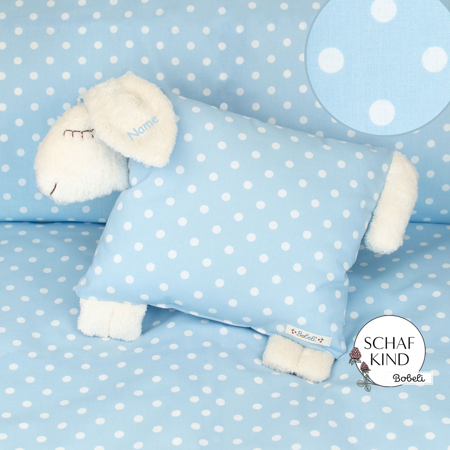 Schlafschaf 47 Hellblau mit Punkten - Bobeli Kuschelkissen