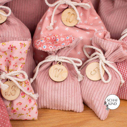 Luxus Adventskalender aus Cordstoff zum Befüllen, gefüttert - Rosa