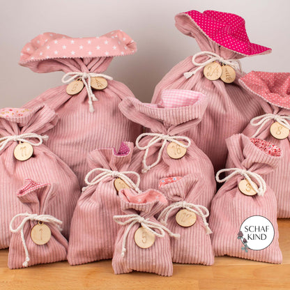 Luxus Adventskalender aus Cordstoff zum Befüllen, gefüttert - Rosa