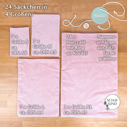 Luxus Adventskalender aus Cordstoff zum Befüllen, gefüttert - Rosa