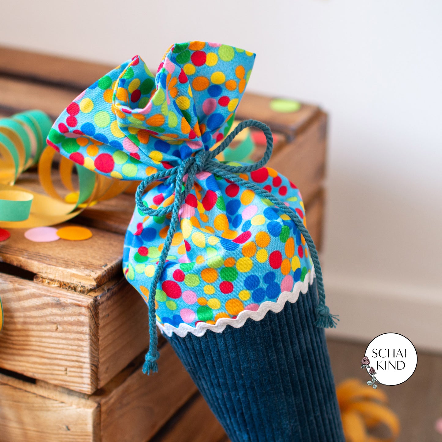 Kitatüte, Geschwistertüte aus Cordstoff - Blau mit Bunt - 35 cm