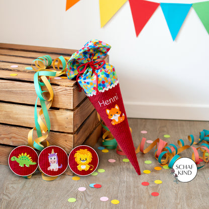 Kitatüte, Geschwistertüte aus Cordstoff - Rot mit Bunt - 35 cm
