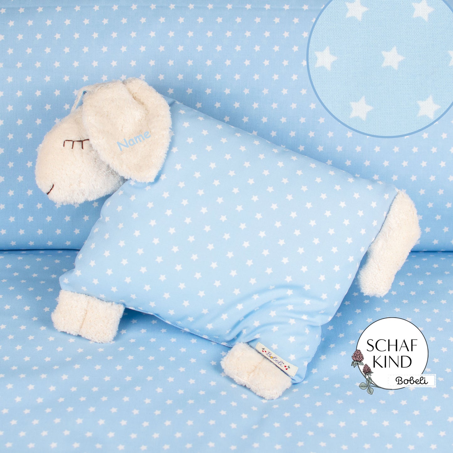 Schlafschaf 45 Hellblau mit Sternchen - Bobeli Kuschelkissen
