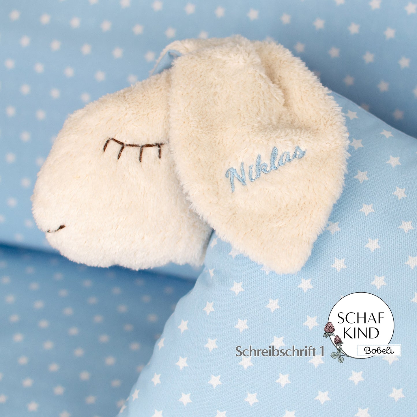 Schlafschaf 45 Hellblau mit Sternchen - Bobeli Kuschelkissen