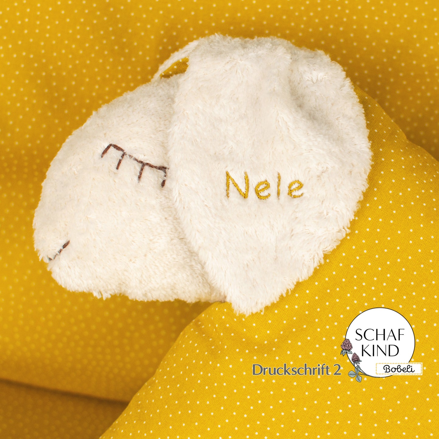 Schlafschaf 75 Senfgelb mit Pünktchen - Bobeli Kuschelkissen