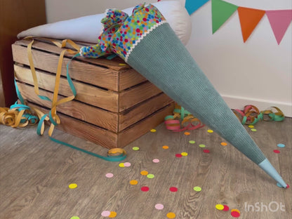 Schultüte aus Cordstoff - Türkis mit Bunt - 70 cm