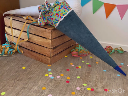 Schultüte aus Cordstoff - Blau mit Bunt - 70 cm
